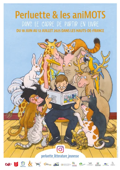 Affiche de Perluette & les aniMOTS pour Partir en Livre 2025 L'illustrateur Gilles Bachelet s'est dessiné en train de lire un album, il est entouré d'une multitude d'animaux très intéressés par sa lecture.