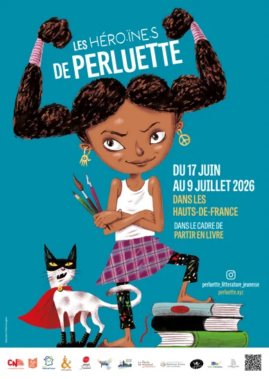 On voit une petite fille dont les cheveux en couettes forment des bras musclés. Elle tient des pinceaux et des crayons dans sa main, une jambe posée de manière assurée sur une pile de livres. La petite fille à l'air confiance et a des symboles de paix et de spiritualité en boucles d'oreille. Avec elle un chat muni d'une cape de super héros et d'un masque nous regarde. Le titre les héro.ïne.s de Perluette est logé entre ses couettes.
