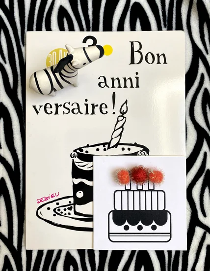 Le livre "bon anniversaire" (fond blanc, titre en noir, un gâteau noir et blanc en couverture) et posé dessus une figurine de zèbre. Crédit photo : Marie Moskwa