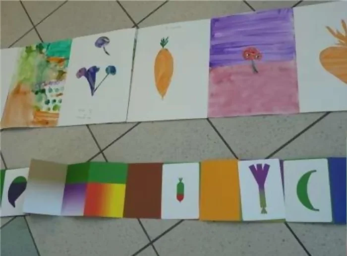 Leporello du livre "hello tomato" de Marion Caron & Camille Trimardeau. On y voit un légume une page sur deux, ils sont d'une couleur différente de ce qu'on attend d'eux (poireau violet, banane verte feuille, radis vert, etc) et sont entremêlés par des pages de couleurs. Au dessus, la version réalisée par les jeunes, avec des aliments peints et dessinés (carotte, raids, champignon, prunes)