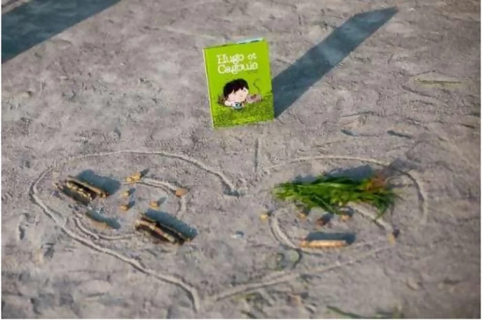 On voit un coeur dessiné sur le sol, dans ce coeur des morceaux de bois et de feuilles sont disposés pour le jeu de piste sur Hugo et Cagoule. L'album de Hugo et Cagoule est posé au dessus du coeur, il est vert, avec le titre en blanc. Hugo est allongé dans l'herbe avec son chat Cagoule. Crédit photo : Kalimba