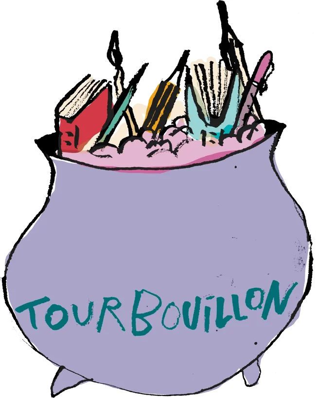 Perluette - logoTourbouillon Logo de l'association Tourbouillon. Un chaudron gris clair avec marqué Tourbouillon en bleu dessus. Dans ce chaudron, un liquide rose en ébullition cuit des livres et du matériel d'écriture (crayons, pinceaux, stylos)
