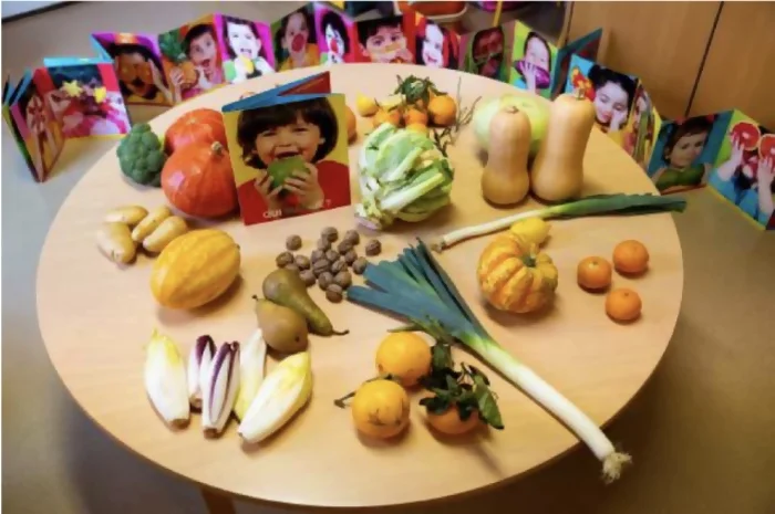 Une table ronde sur laquelle sont disposés des légumes de saison (poireaux, courges, potirrons, clémentines, endives, choux, etc) avec la couverture du livre "qui suis-je ?" par Claire Dé. Derrière la table est déplié le leporello de qui suis-je, des portraits de jeunes intéragissant avec des légumes et des fruits sur différents fonds de couleurs Crédit photo : Kalimba