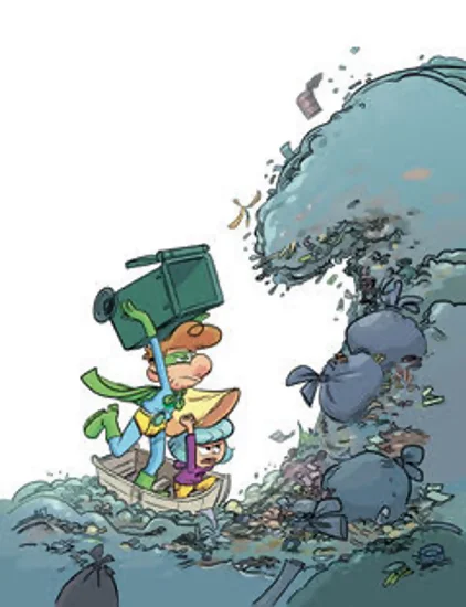 Couverture de la BD Super environman 2 Le défi déchets. Environman et sa fille sont dans une barque sur une mer de déchets. Ils portent à bout de bras un container à déchets vert et un sac poubelle jaune vides. Tous les deux font face à une gigantesque vague de déchets qui semble s'abattre sur eux.