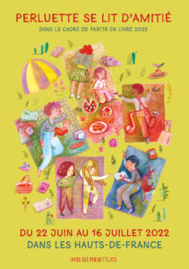 Couverture du flyer pour Partir en livre 2026. On y voit un groupe d'enfants en couleurs pastels, allongés dans l'herbe en train de lire et pique niquer tout en échangeant entre eux.