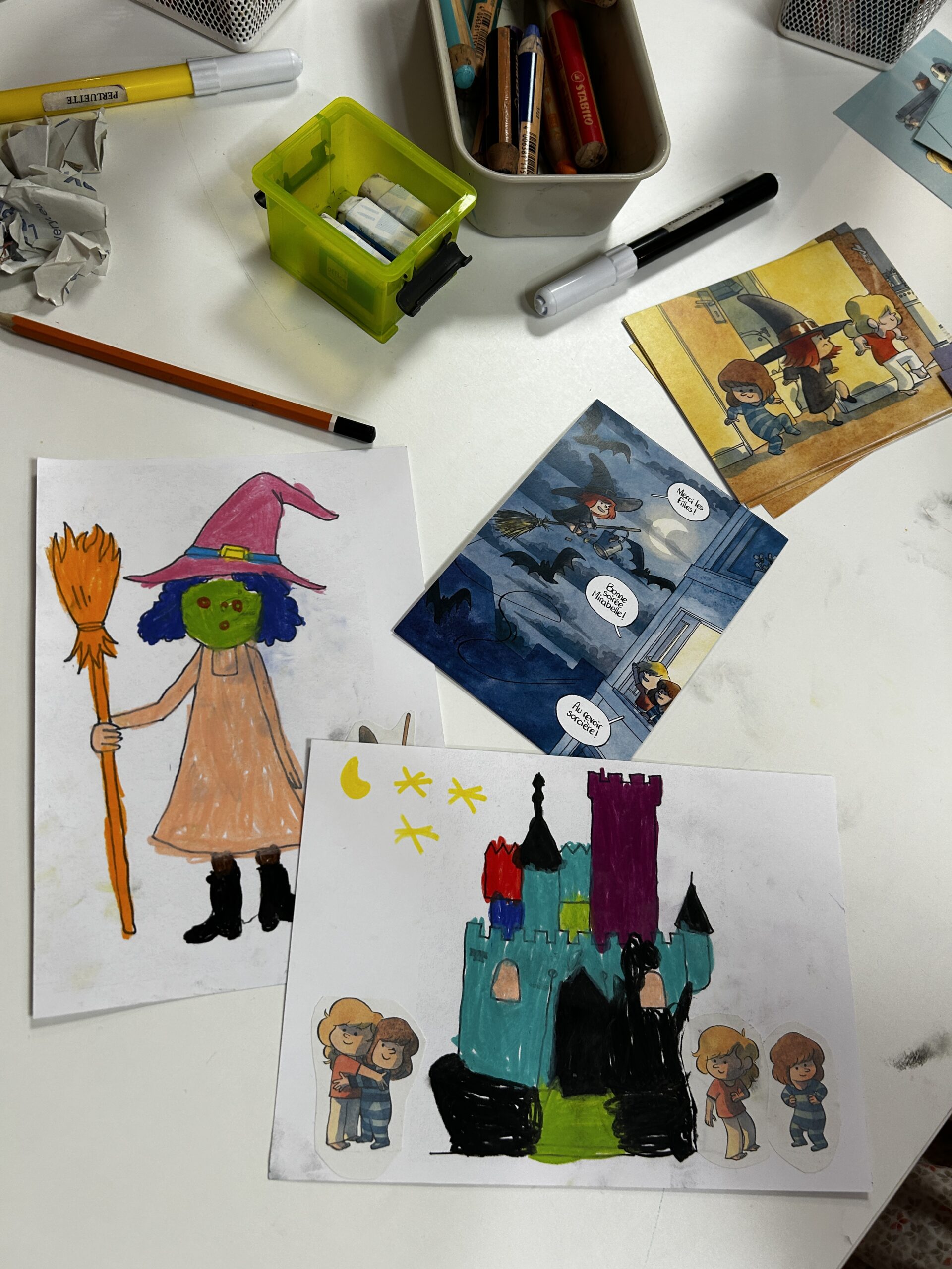 Dessins d'enfants lors de l'atelier mené avec les Editions Bayard à partir de la BD "Les soeurs même pas peur" de Clément C.Fabre