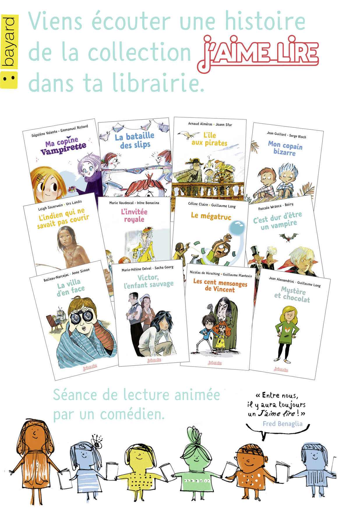 Affiche Bayard qui présente la séance de lecture animée d'une histoire de la collection j'aime lire par un.e comédien.ne