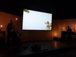 Plan de la scène du spectacle. On voit la contrebassiste à gauche, le clavieriste à droite et l'écran de projection de la bande dessinée au centre. Le tout dans une ambiance tamisée, club jazz.